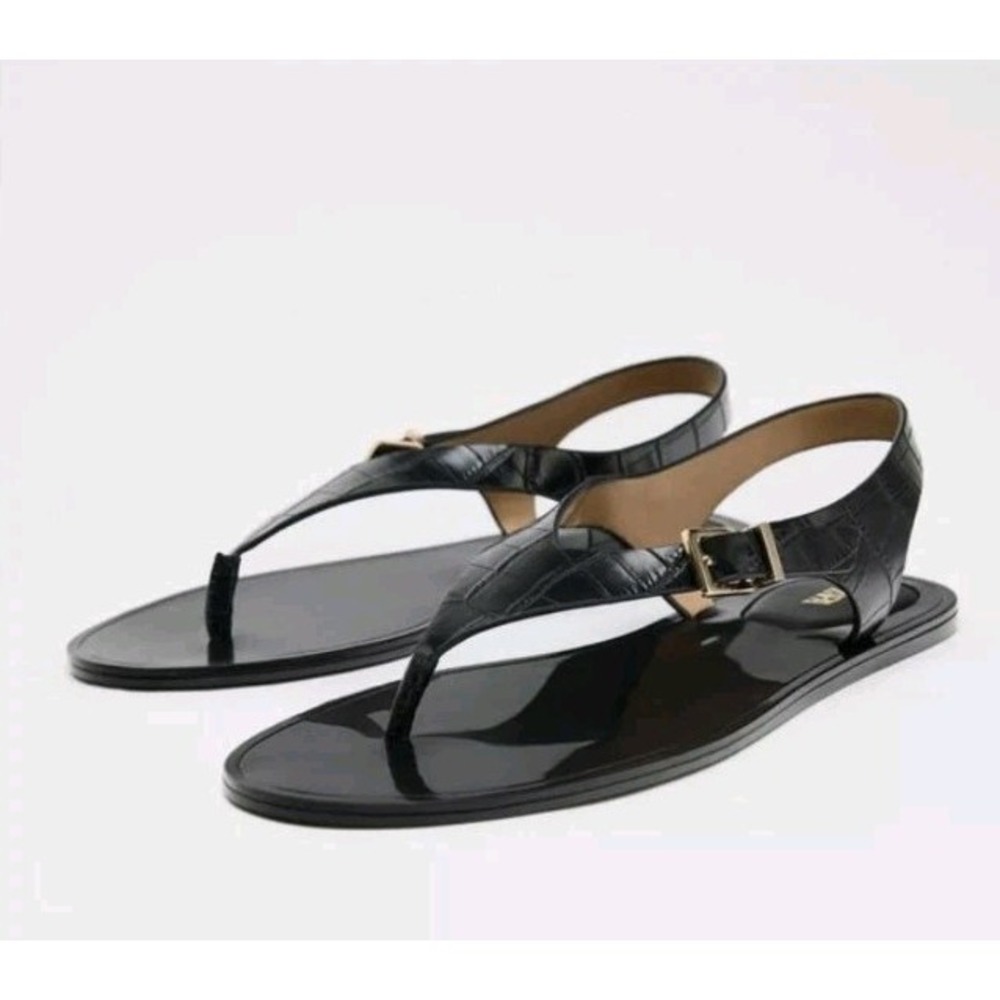 Zara Women's Croc Embossed Thong Sandal Black Size EU 41/US 10 NWT $49 - Picture 1 of 6